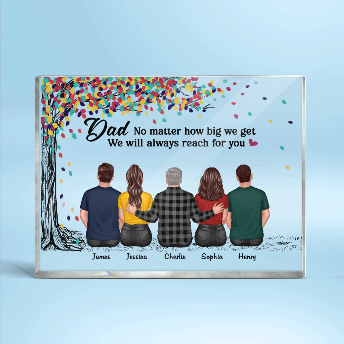 Back View Dad And Daughters Sons Sitting Under Colorful Tree Personalized Horizontal Rectangle Acrylic Block