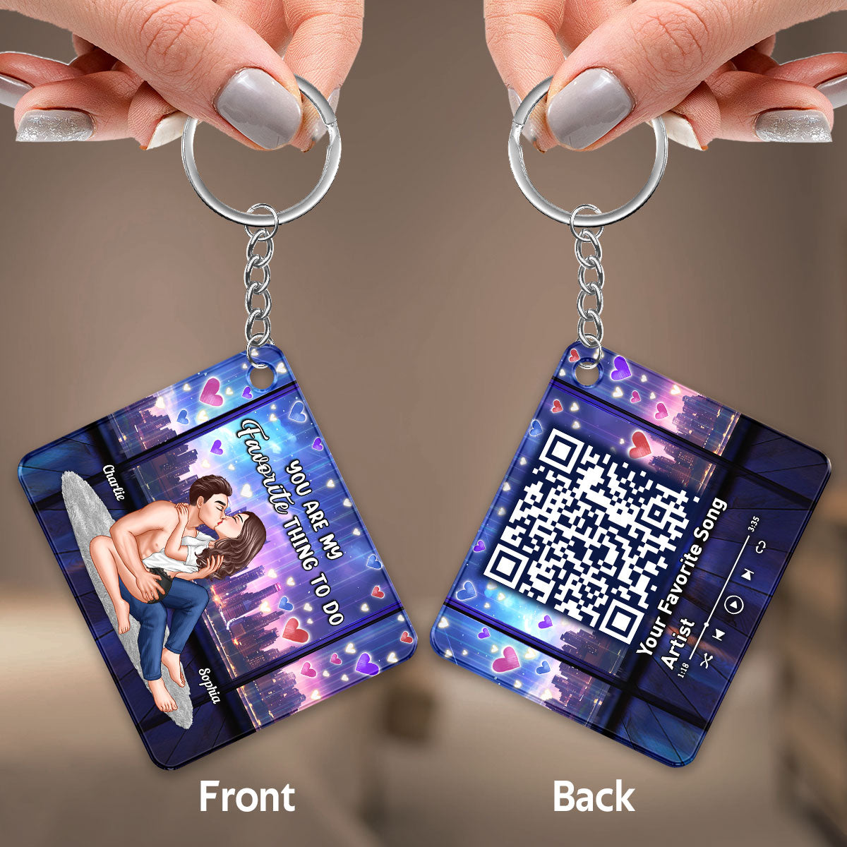 Sexy Couple Kissing City Night Window Favorite Song QR Code Personalized Acrylic Keychain