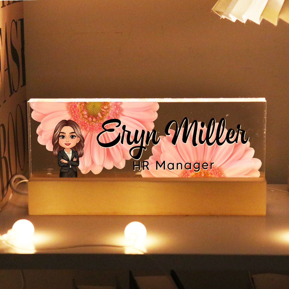 Daisy Woman Office Personalized Acrylic Block LED Night Light, Desk Name Plate, Office Desk Decor, Gift For Colleagues, Coworkers, Boss