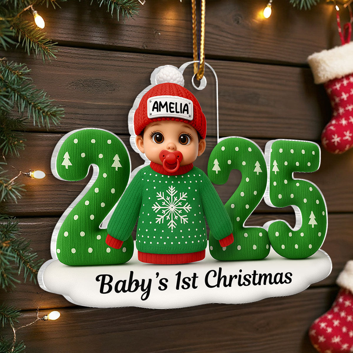 Baby In Ugly Sweater First Christmas - Personalized Acrylic Ornament - Unique Christmas Gift For New Parent, Newborn Keepsake