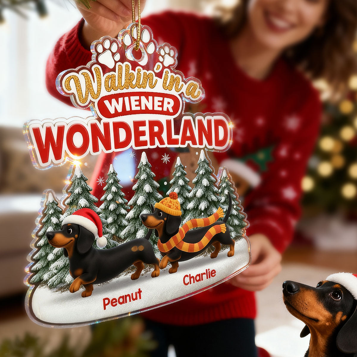 3D Effect Dachshunds Walking In A Wiener Wonderland - Personalized Acrylic ornament
