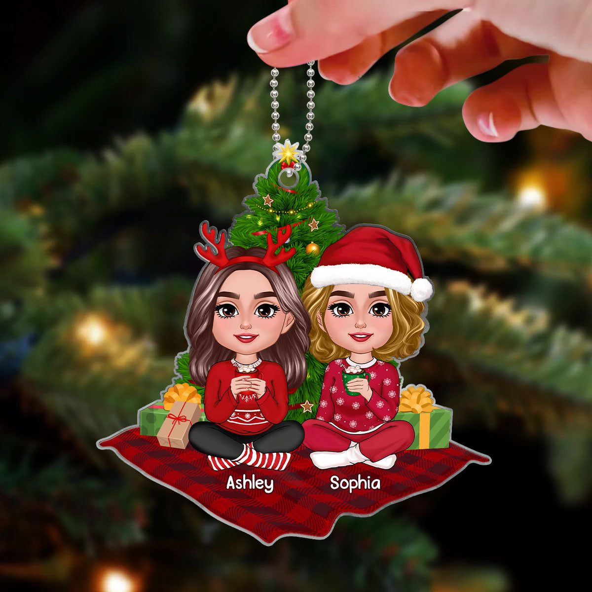 Doll Besties Sisters Sitting On Checkered Pattern Carpet Personalized Acrylic Ornament
