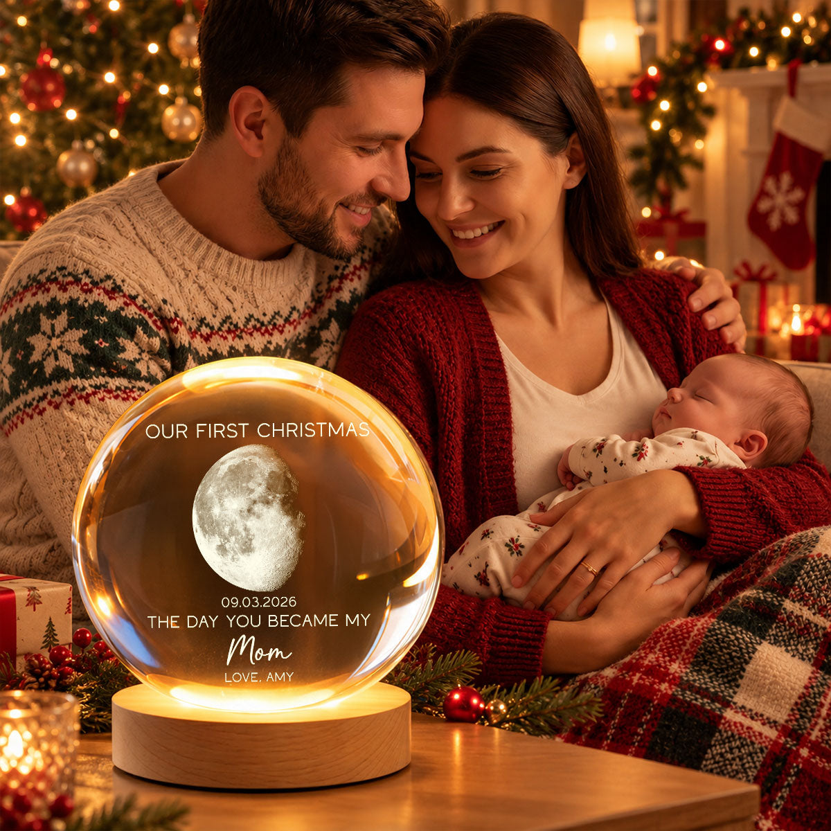 The Day You Became My Mom Dad Custom Moon Phase First Christmas - Personalized Crystal Ball LED Night Light - Christmas Gift For New Mom, New Dad, New Parents
