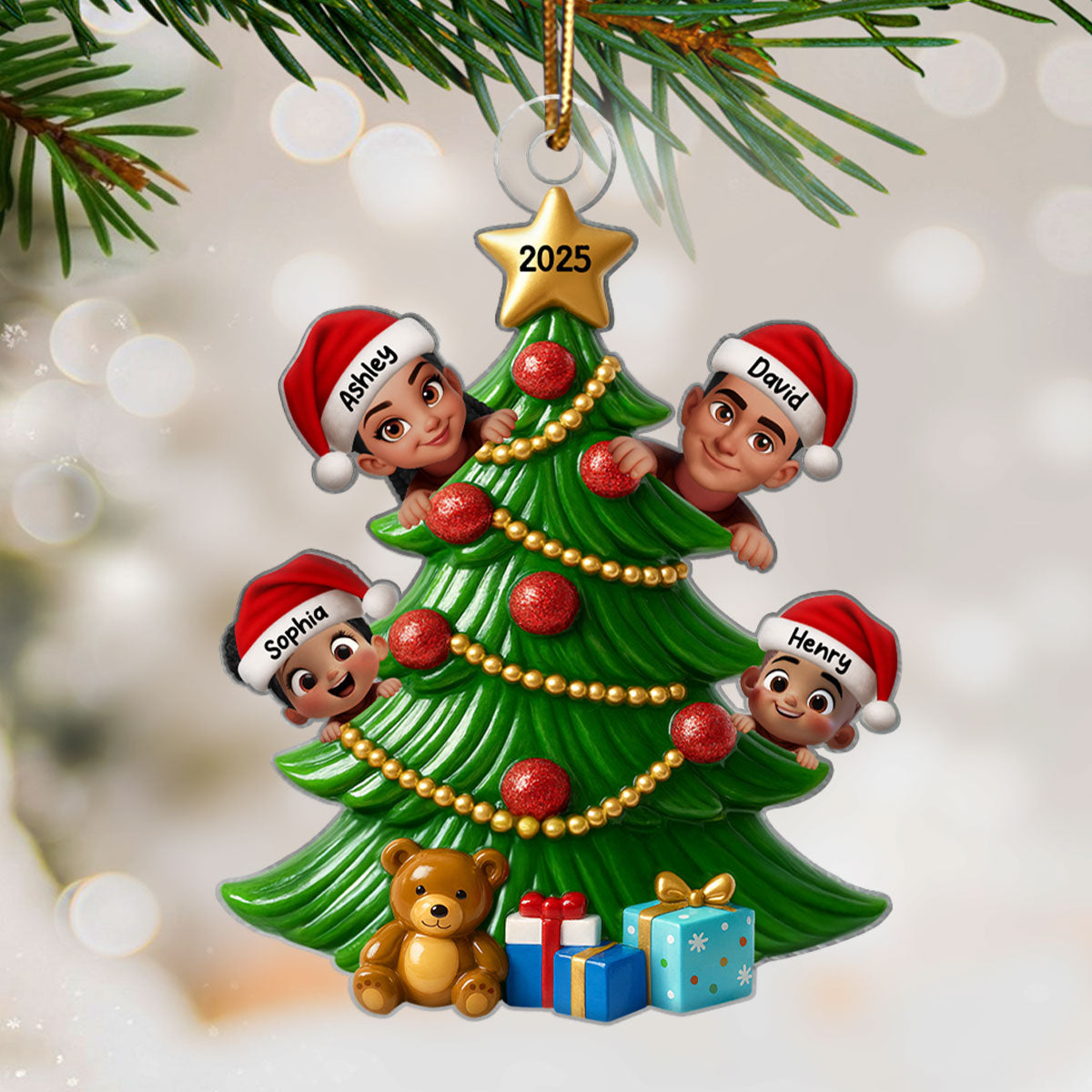 Family Peeking on Christmas Tree Personalized Acrylic Ornament, 2025 Thoughtful Christmas Gift for Family, Husband, Wife
