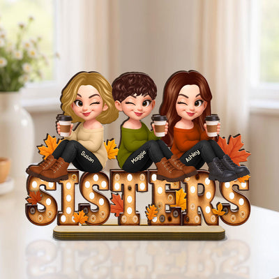 Fall Besties Sitting On Text Marquee Effect - Personalized 2-Layered Wooden Plaque - Meaningful Gift For Best Friend