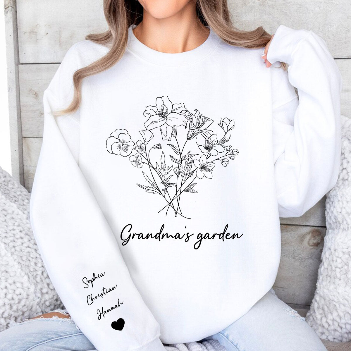 Custom Birth Month Flower Bouquet Grandma Garden Gift Personalized Sleeved Printed Sweatshirt