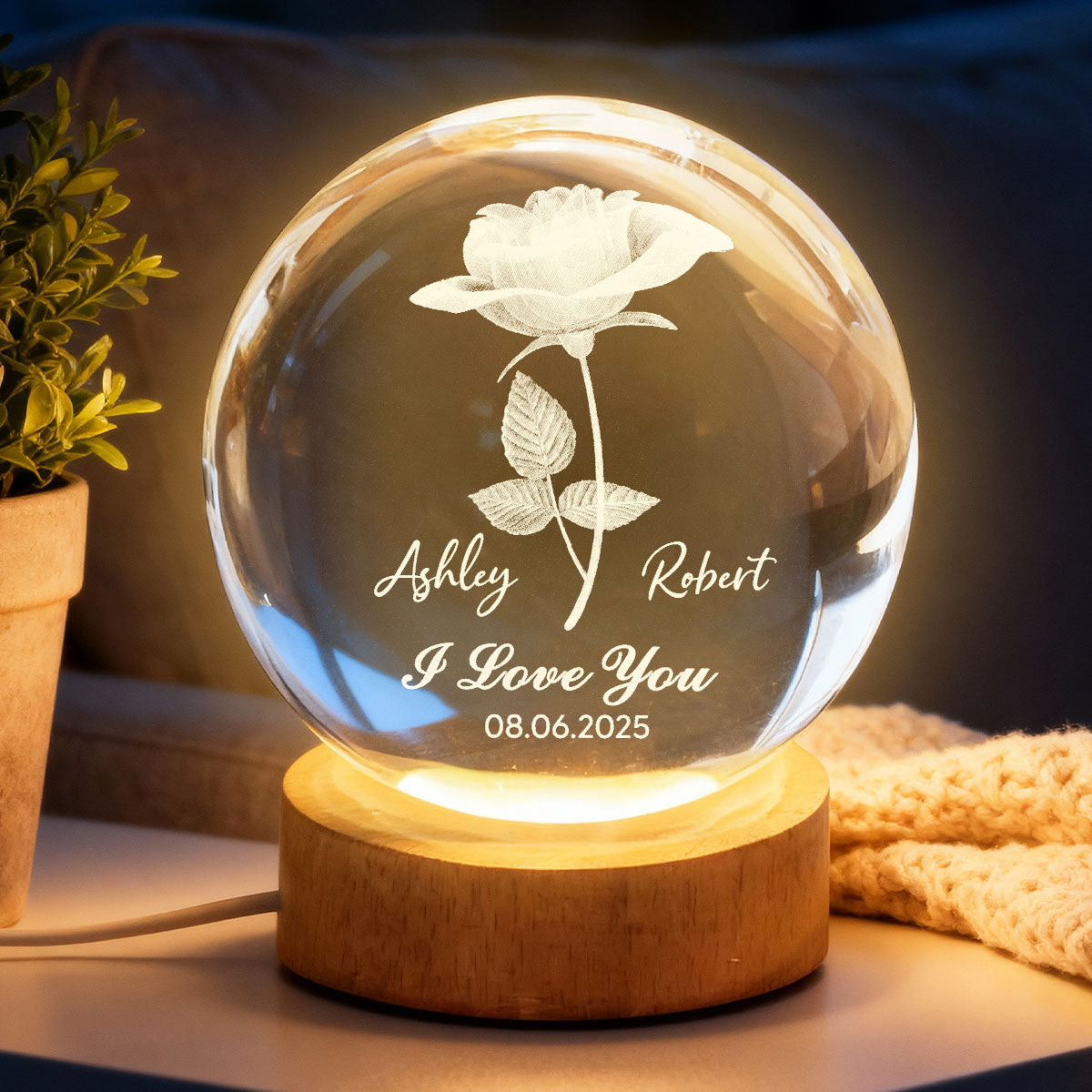 Eternal Love Rose I Love You - Personalized Crystal Ball LED Night Light - Valentine's Day Gift For Couple, For Her, For Him