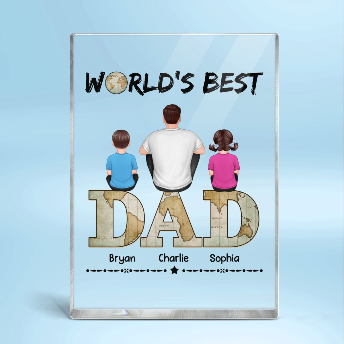 Dad And Kids Back View Sitting On World Map Text Personalized Rectangle Acrylic Block Plaque