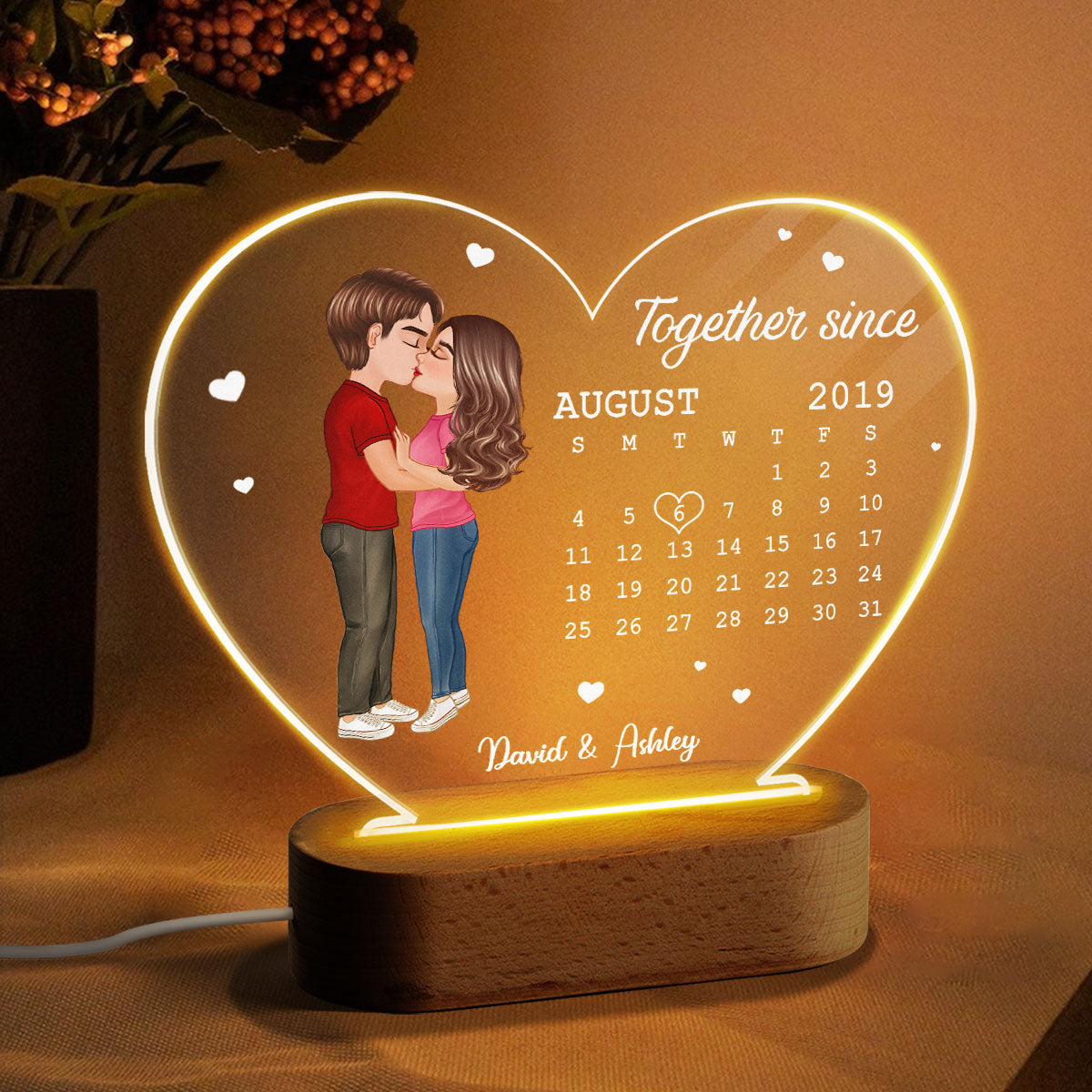 Doll Couple Kissing Together Since Anniversary Date Calendar Personalized Acrylic Heart Plaque With LED Night Light