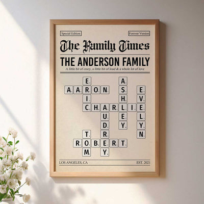 The Family Times Crossword Puzzle Newspaper Style - Personalized Poster - Home Decor Keepsake Gift For Family