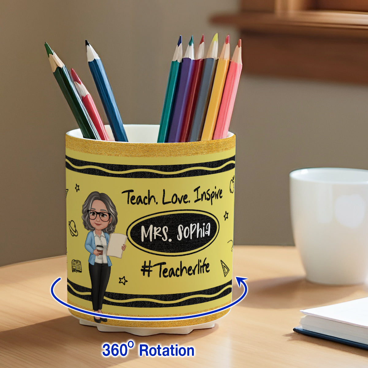 Teacher Crayon Pattern Personalized Rotating Pen Holder, Teacher Appreciation Gift, Back To School Gift