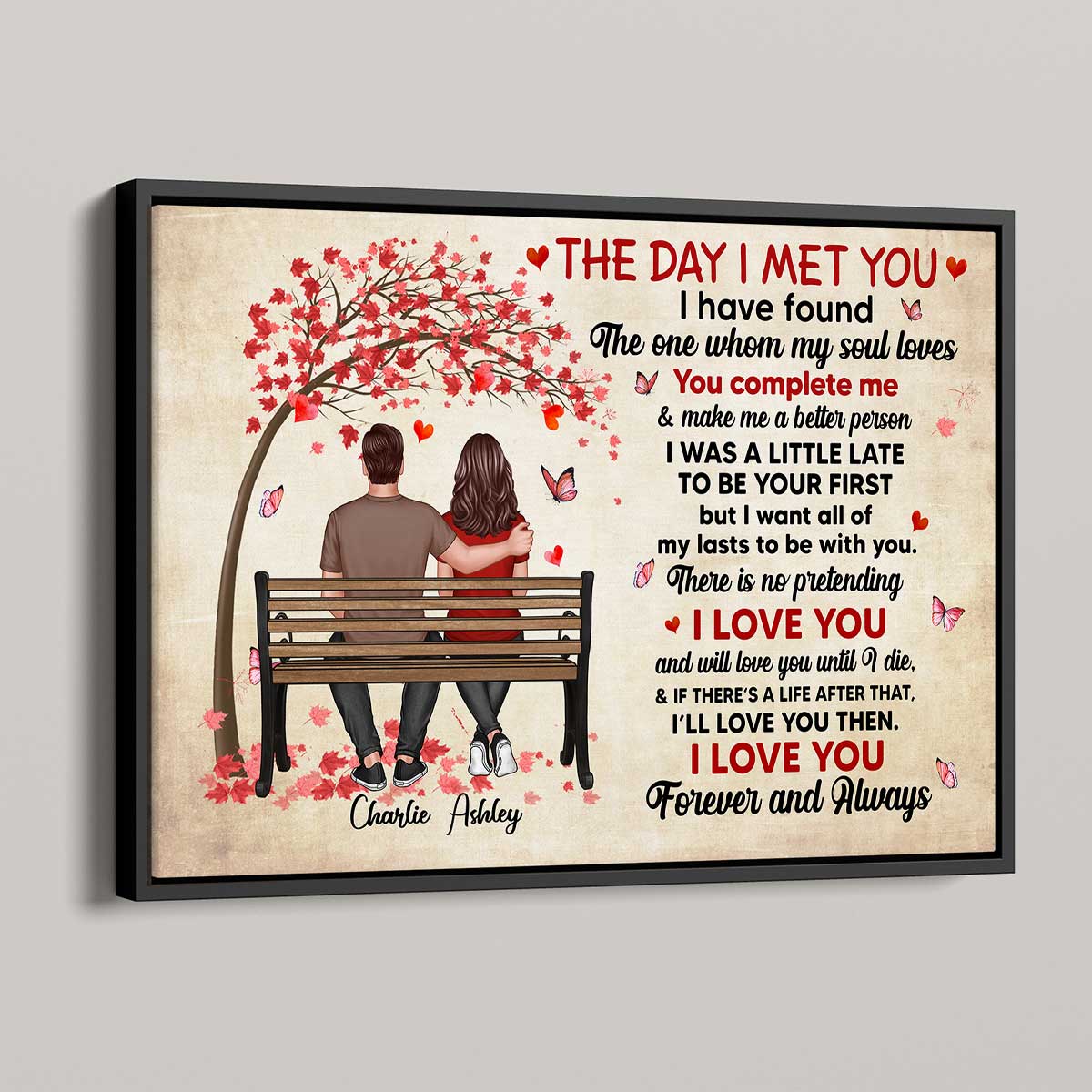 The Day I Met You Couple Sitting On Bench Under Tree Personalized Horizontal Poster