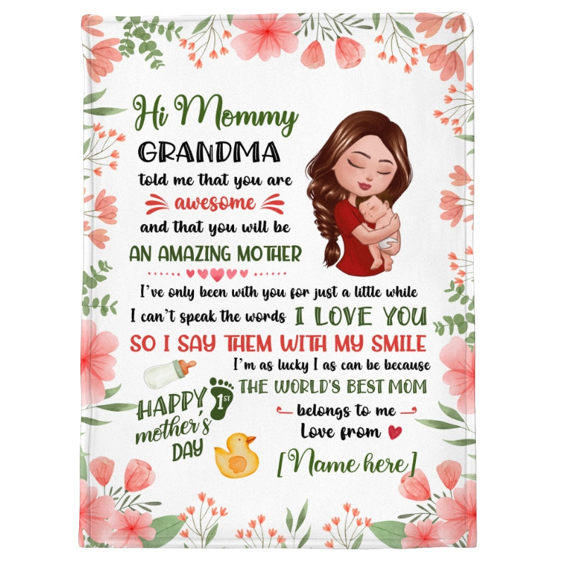 Doll Mom Holding Baby Happy First Mother‘s Day Personalized Fleece Blanket