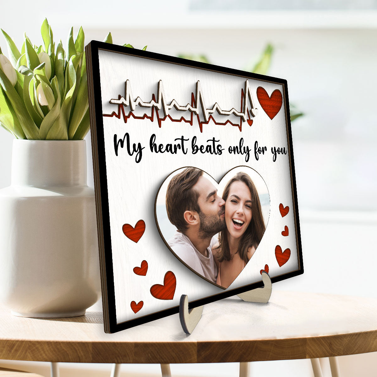My Heart Beats Only For You Couple Photo Valentine‘s Day Gift For Him For Her Personalized 2-Layer Wooden Plaque