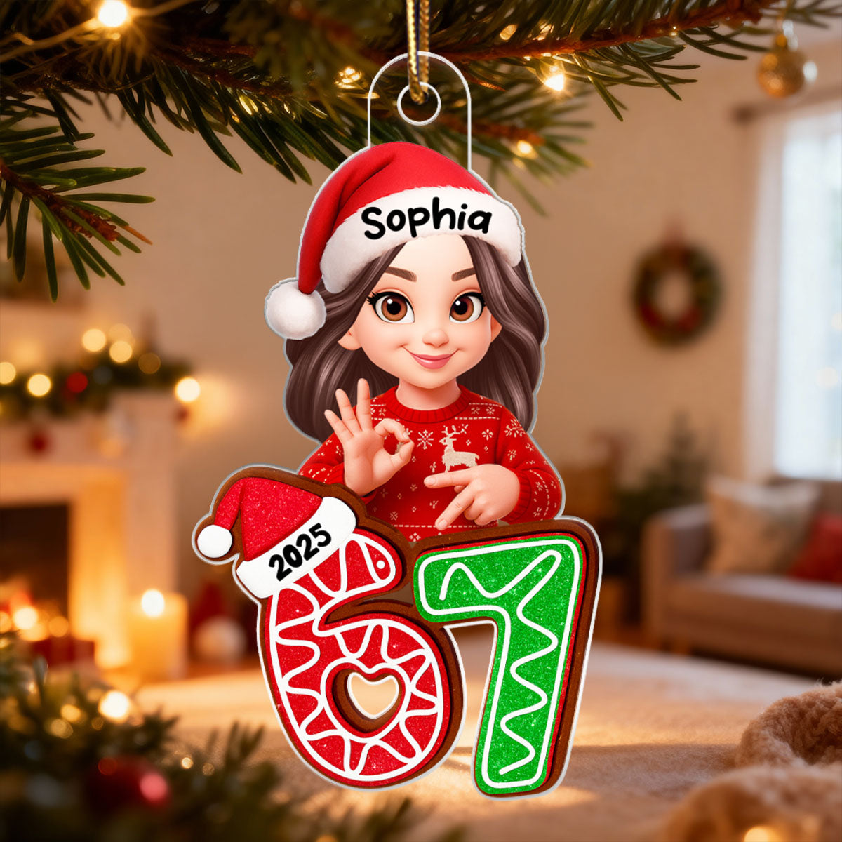 Christmas Pattern Custom Six Seven 67 - Personalized Acrylic Ornament - Teen Slang Funny Tree Decor, Funny Teen Grandkid Gift