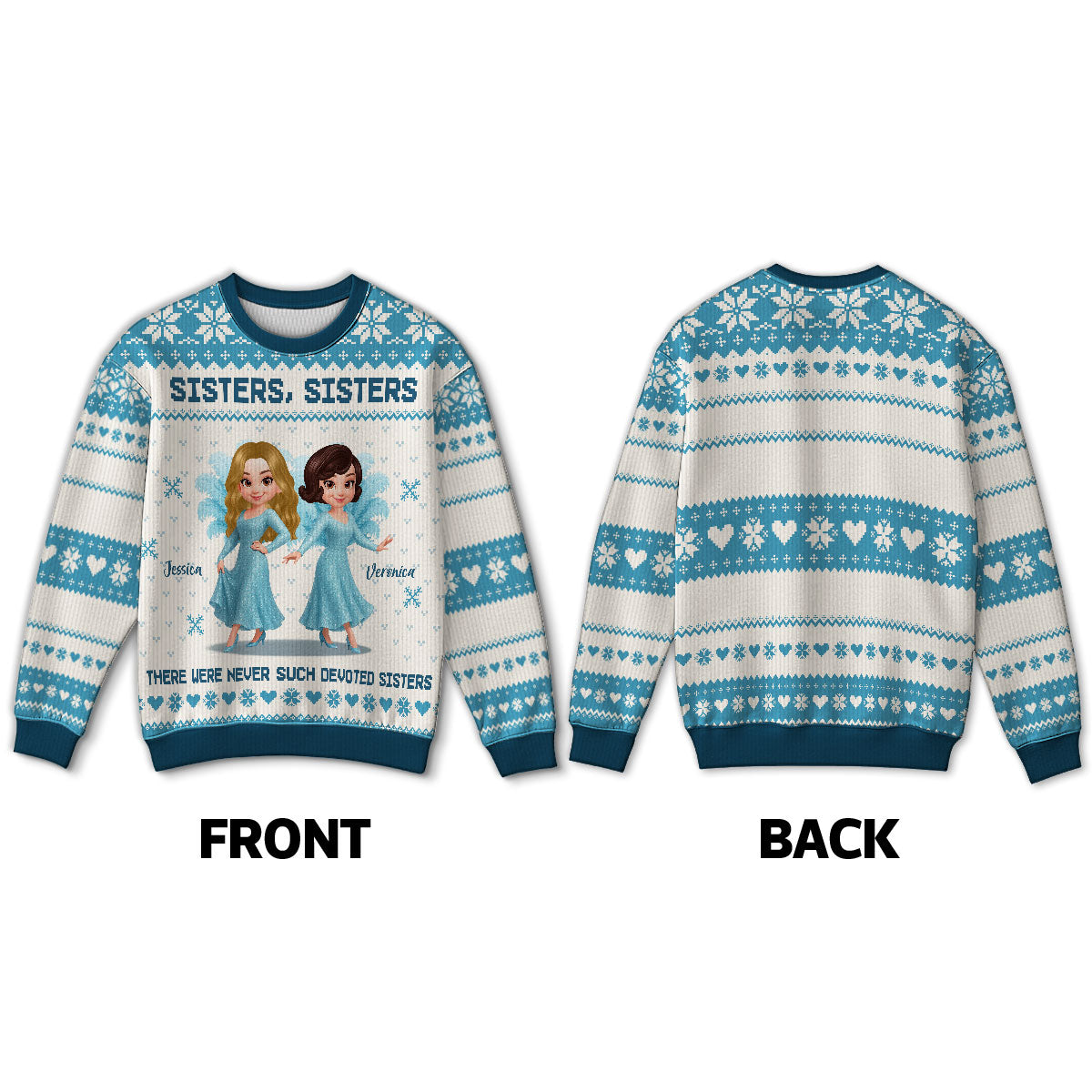 Sisters Sisters Besties in Blue Dresses Personalized Faux Knitting Ugly Sweater, Christmas Matching Costume For Sisters, Best Friends