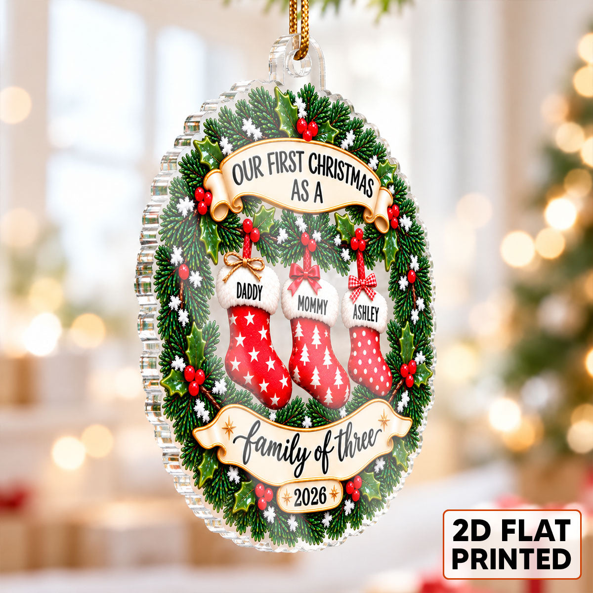 Heartwarming Christmas Wreath Stockings Our First Christmas As Family Of Three - Personalized Acrylic Ornament - Christmas Keepsake, Gift For New Mom, New Dad, New Parents