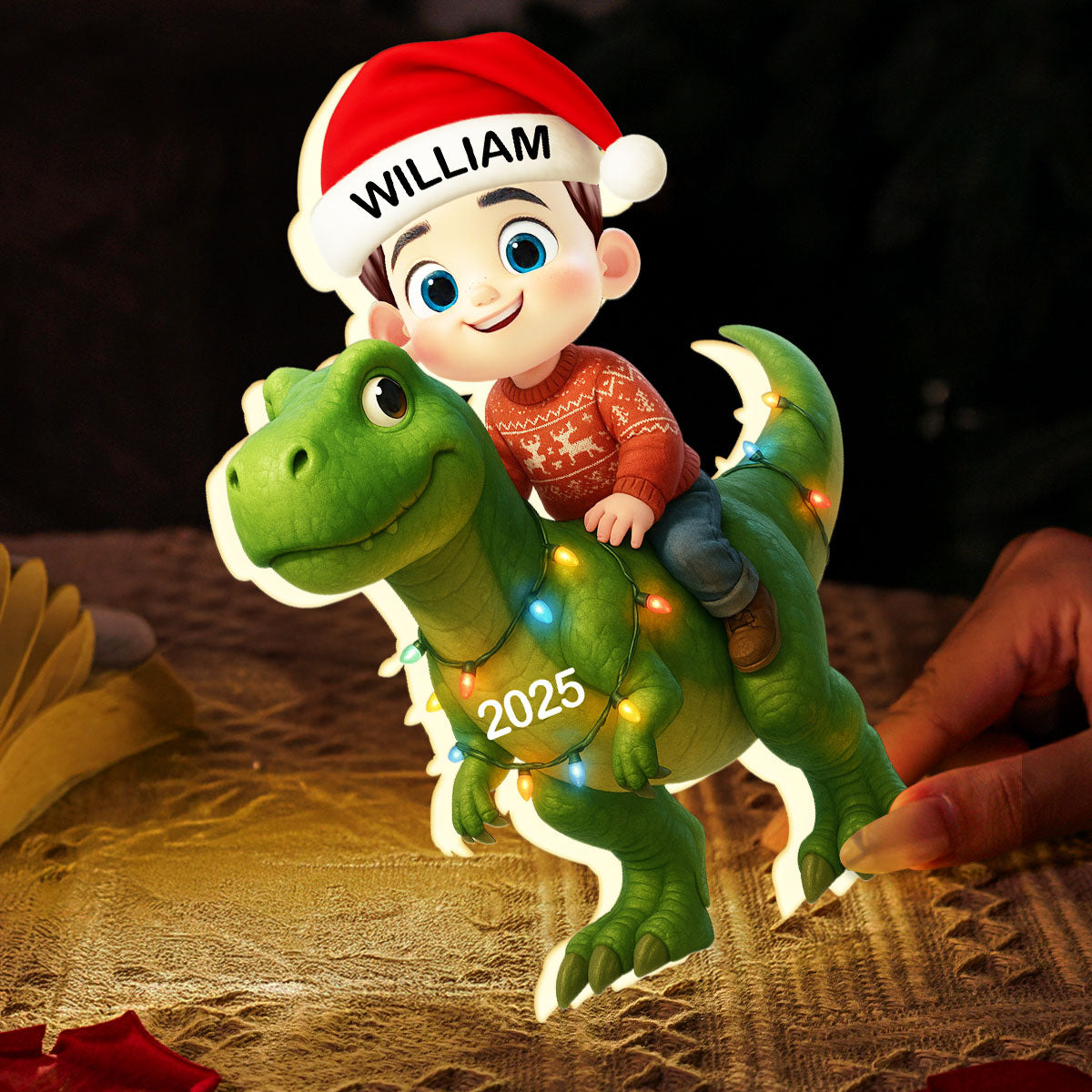 3D Effect Cute Cartoon Kid With Dinosaur Christmas Personalized LED Light Box