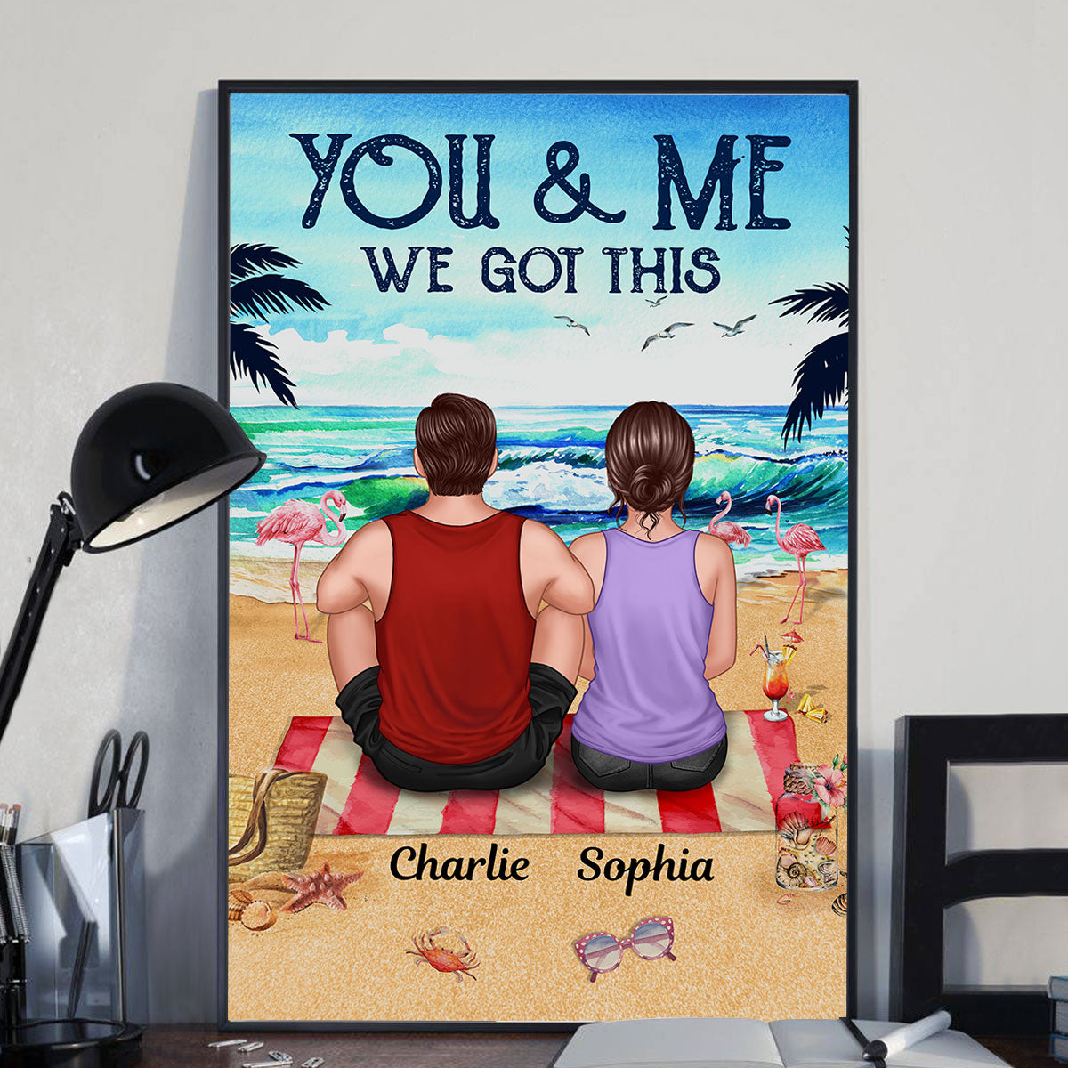 Vintage Couple Back View Sitting On The Beach Summer Personalized Vertical Poster