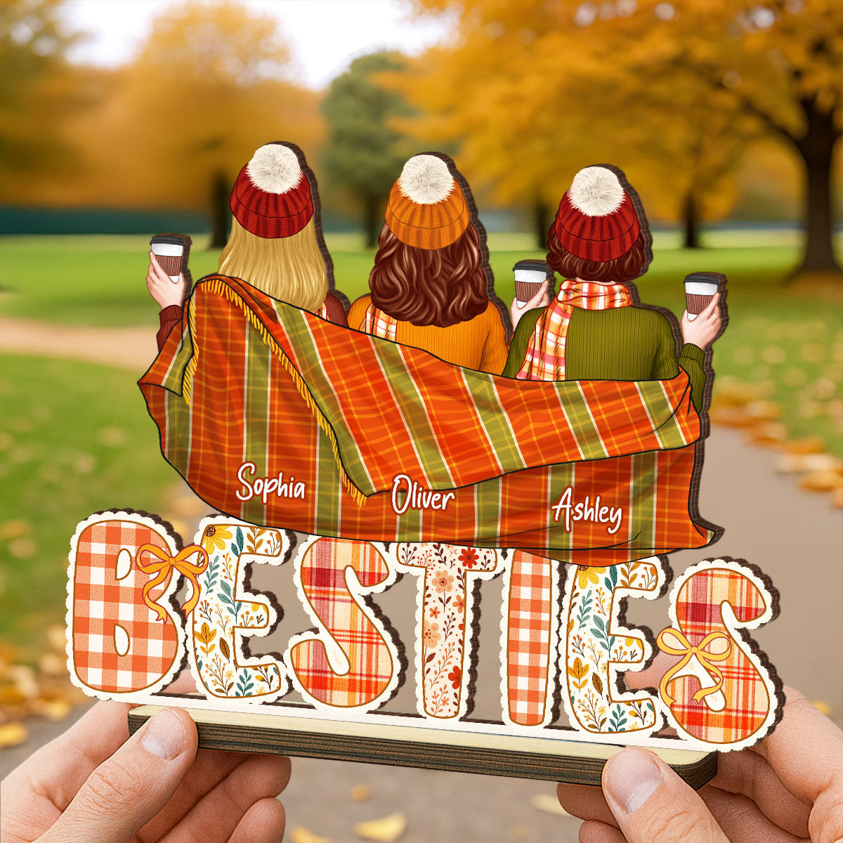 Cozy Besties Sisters In Blanket Sitting On Text Personalized Standing Wooden Plaque, Fall Season Decor