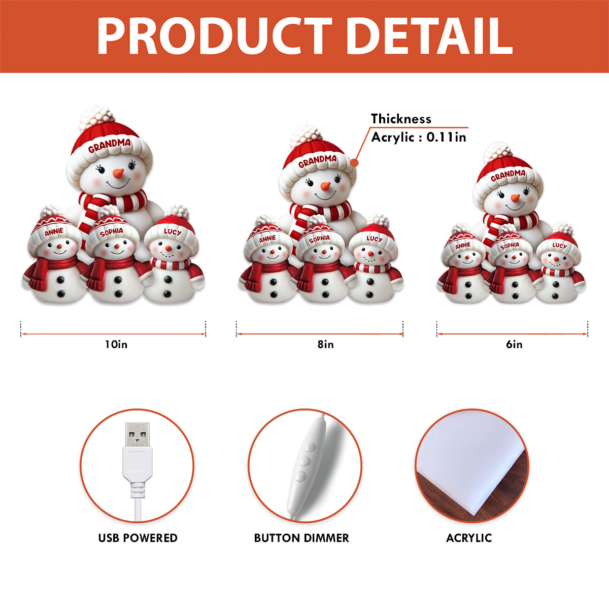 3D Effect Cute Snowman Grandma & Grandkids - Personalized Light Box - Christmas Decor For Family, Grandma