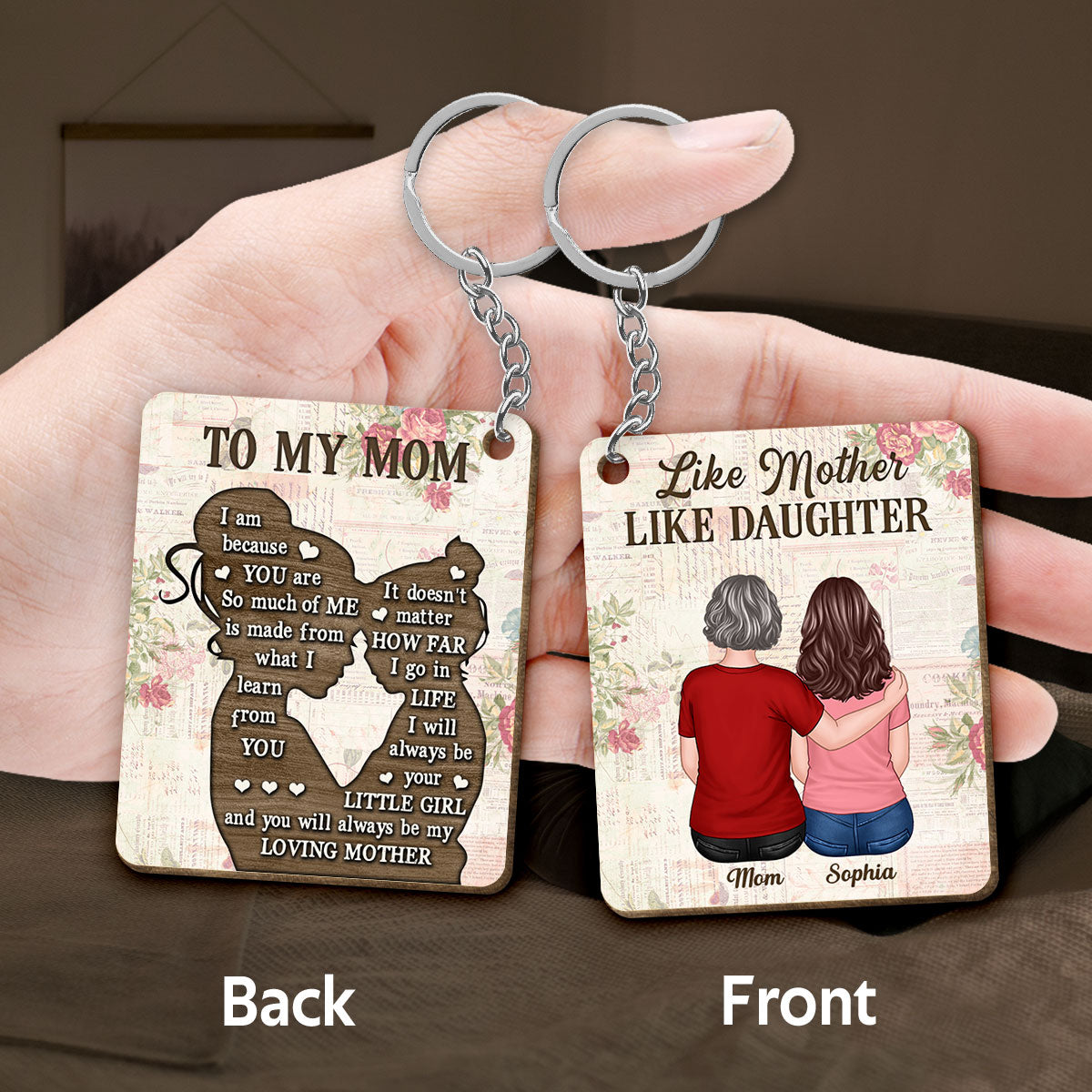 Back View Mom And Daughter Personalized Wooden Keychain
