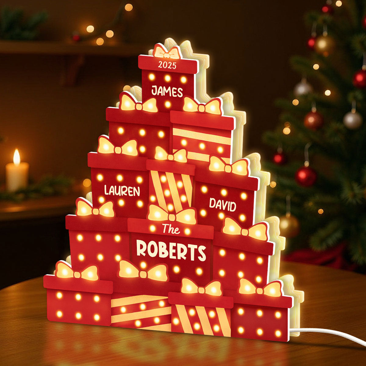Christmas Family Gifts Box Marquee Effect Pattern Personalized Light Box, Christmas Decor