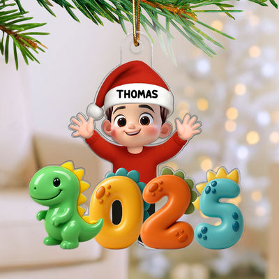 3D Effect Happy Kid With Dinosaur Numbers - Personalized Acrylic Ornament - Christmas Gift For Kids, Grandkids, Granddaughter, Grandson