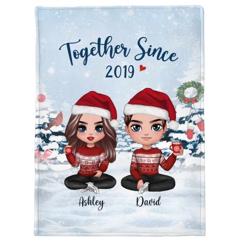 Christmas Doll Couple Sitting Gift For Him For Her Personalized Fleece Blanket
