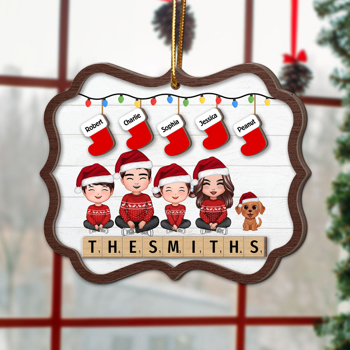Family Sitting Christmas Stocking Wooden Blocks Personalized 2-Layer Wooden Ornament