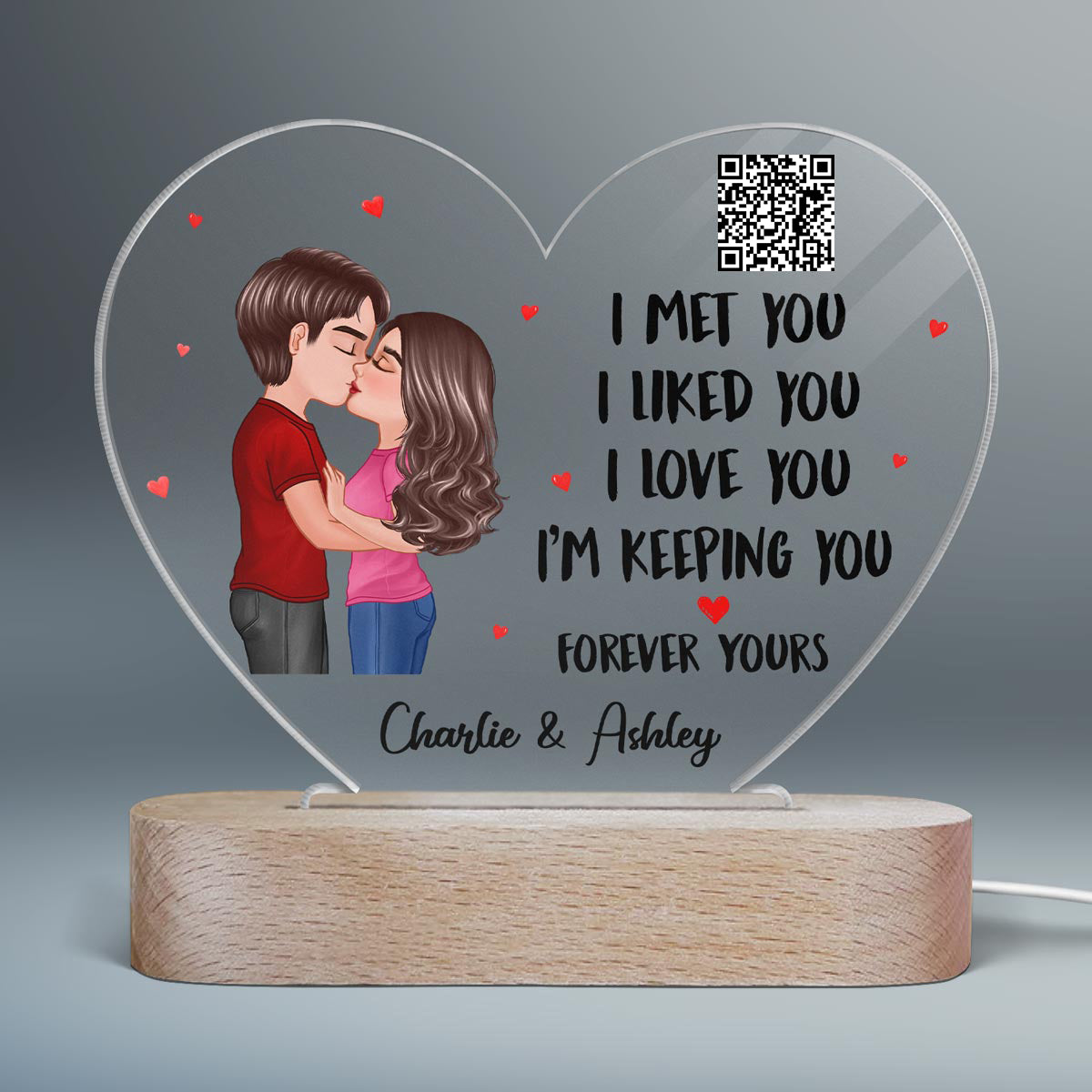 Doll Couple Kissing I Met You Favorite Song Scannable QR Code Gift For Him For Her Personalized Acrylic Heart Plaque LED Night Light