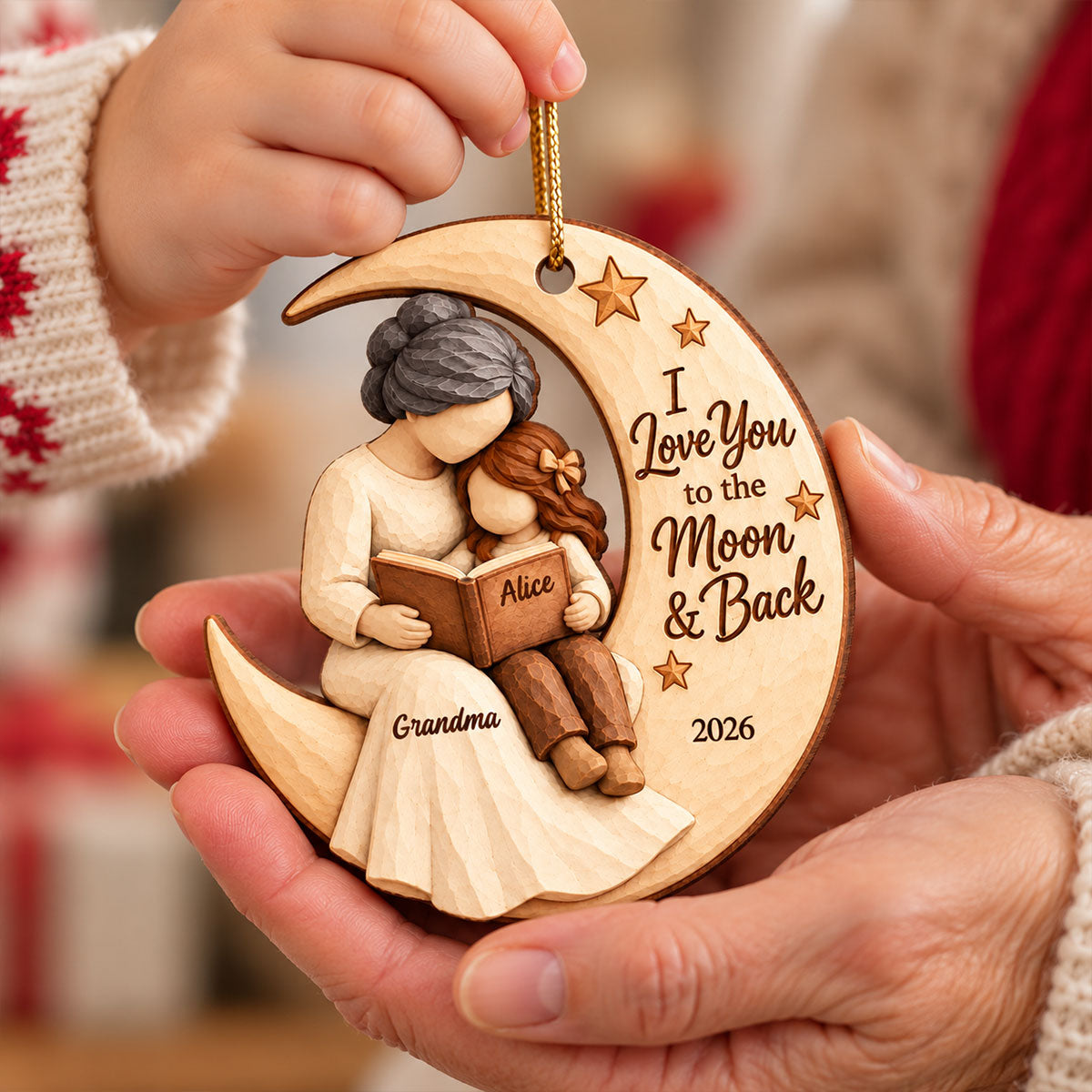Grandma Grandkid Reading On Moon 2D Flat Printed - Personalized Wooden Ornament - Christmas Gift For Grandkid, Grandson, Granddaughter
