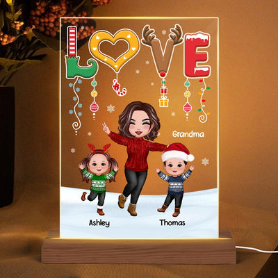 LOVE Happy Christmas Doll Grandma Mom With Kids Personalized Rectangle Acrylic Plaque LED Night Light