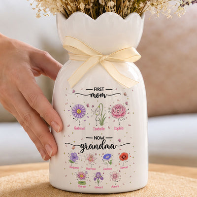First Mom Now Grandma Doodle Birth Flowers - Personalized Ceramic Flower Vase - Gift For Grandma, Mom