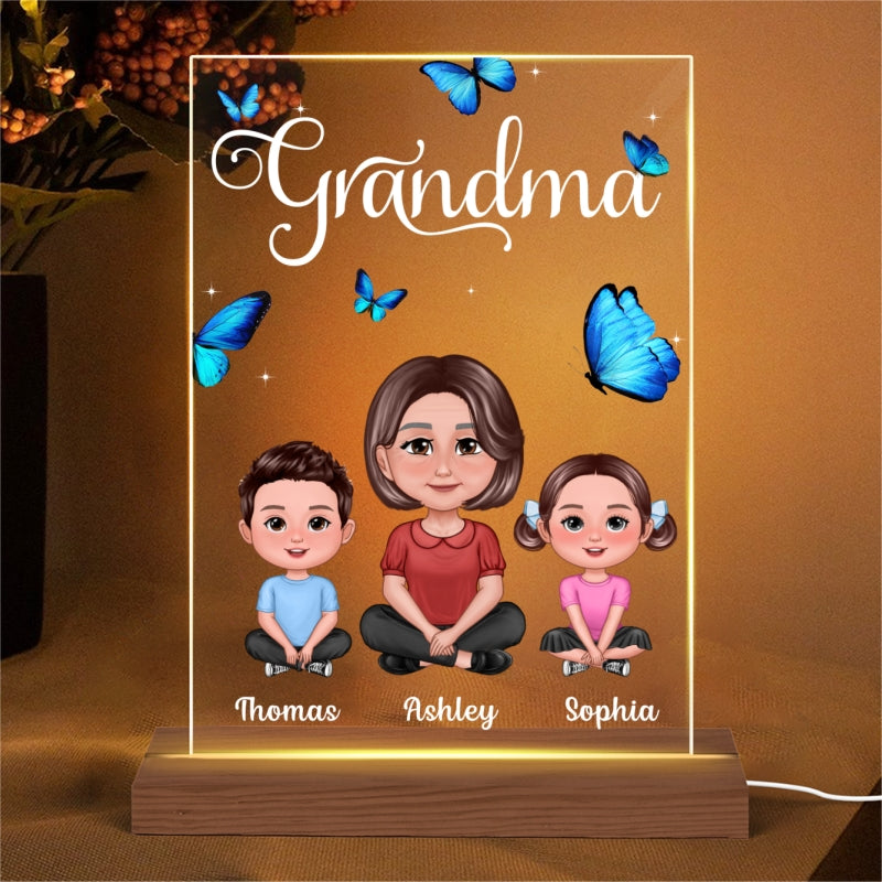 Pretty Doll Grandma Grandkids Blue Butterflies Personalized Rectangle Acrylic LED Night Light