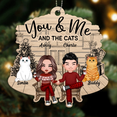 Couple And Fluffy Cats Front Porch Personalized Christmas Wooden Ornament