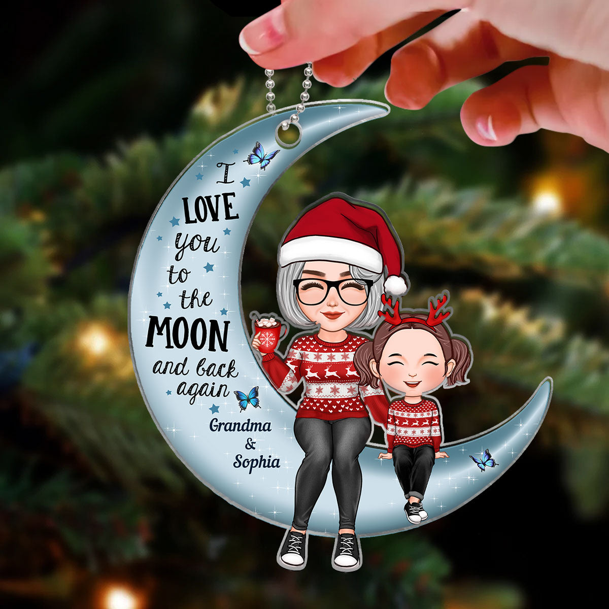 Cute Grandma Grandkid Sitting Love To The Moon Gift For Granddaughter Grandson Personalized Acrylic Ornament