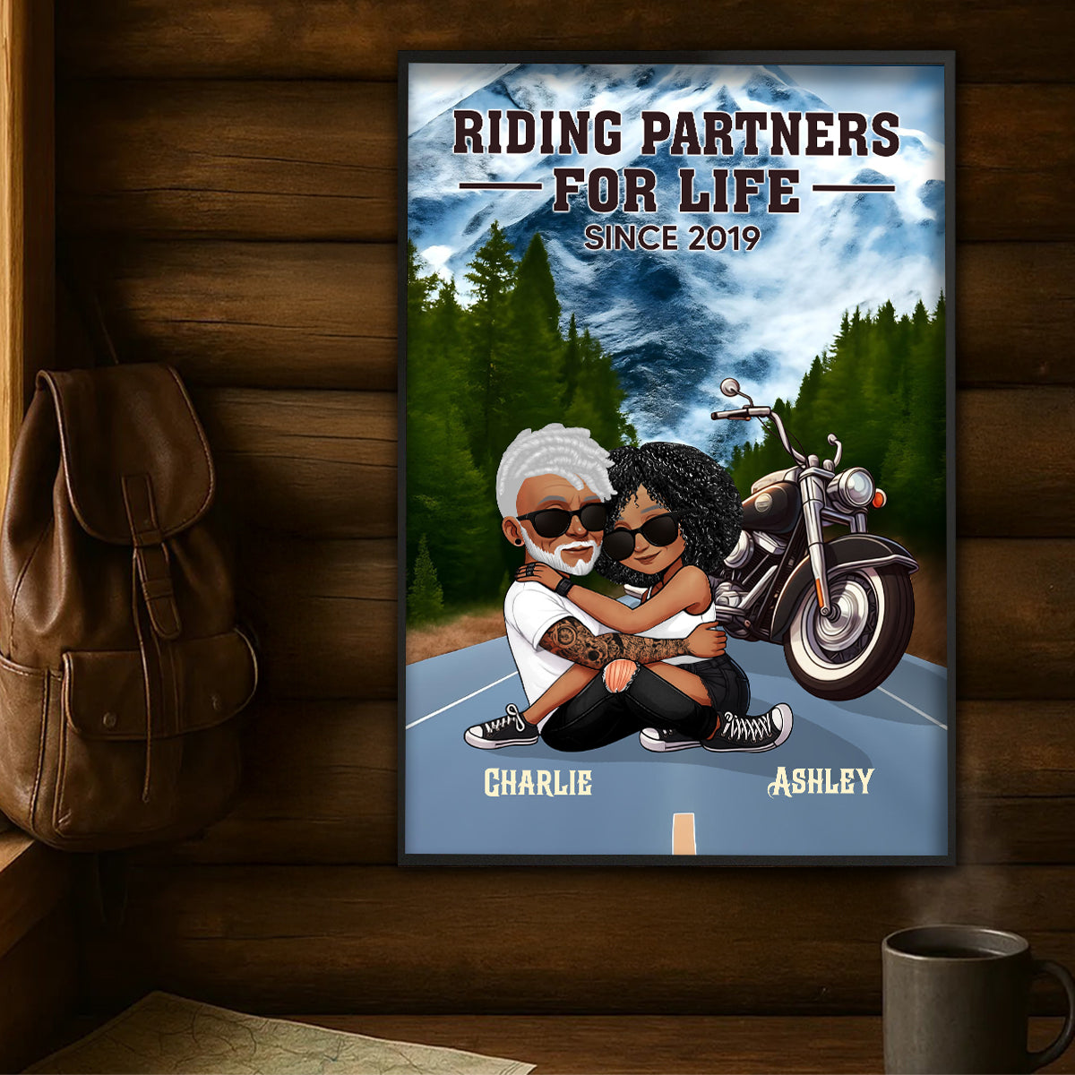 African American Biker Couple Riding Partners for Life Personalized Poster, Gift for him, Gift for her