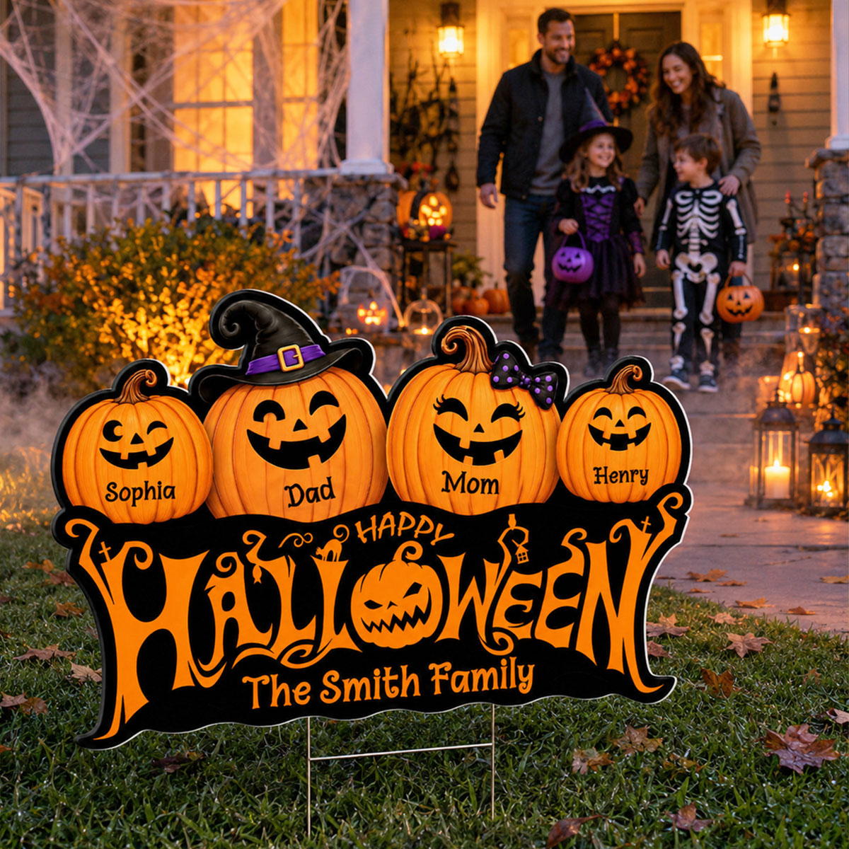 Family Happy Halloween Jack-O-Lantern Pumpkins - Personalized Yard Sign - Halloween Decor For Family
