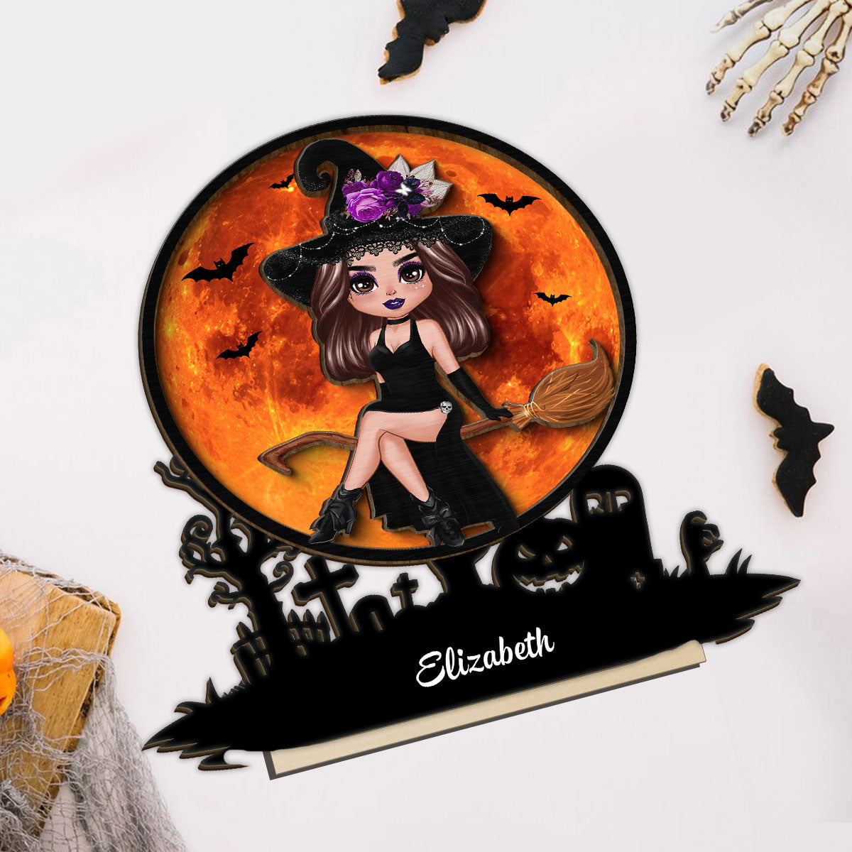 Witch On Broom Halloween Moon Tabletop Tier Tray Wicca Pagan Decor Personalized 2-Layer Standing Wooden Plaque