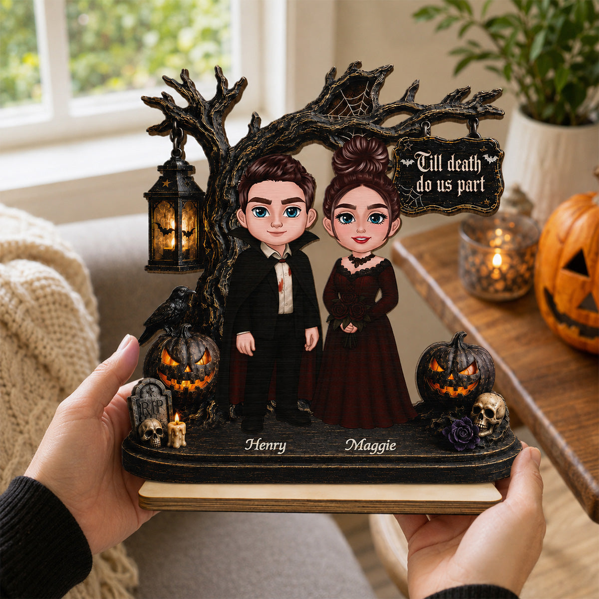 Couple Standing Under Spooky Halloween Tree 2D Flat - Personalized 2-Layer Wooden Plaque - Tabletop Tier Tray Wicca Pagan Decor