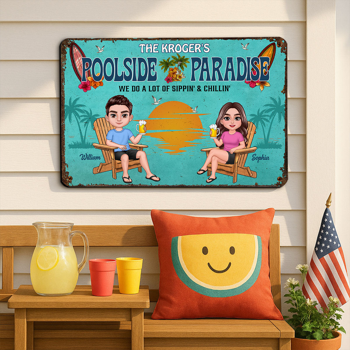 Summer Family Couple Poolside Paradise Grilling And Chilling Personalized Metal Sign