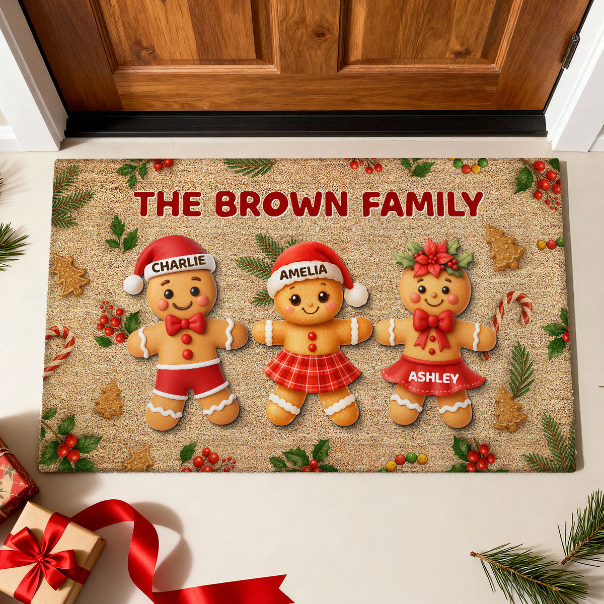 Gingerbread Family - Personalized Doormat - Christmas Gift for Family