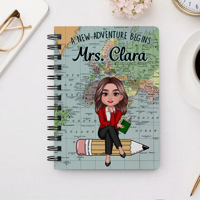 World Map Adventure Themed Teacher Sitting On Pencil Personalized Spiral Notebook Journal, Back To School Stationery