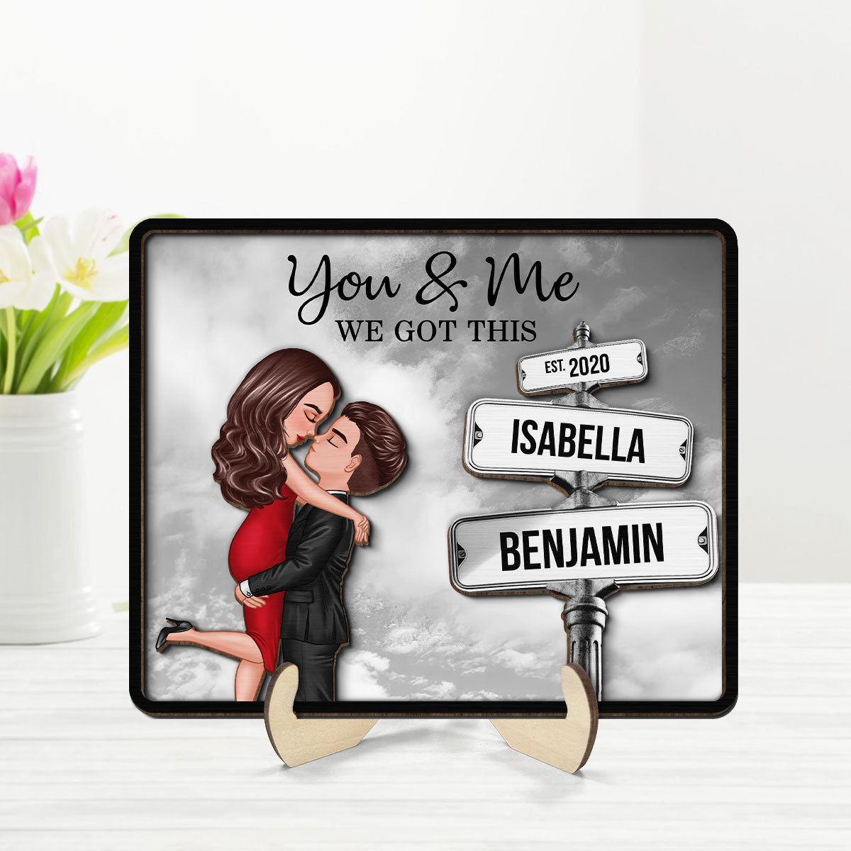 Couple Hugging Milestone Together Personalized Crossroads Street Sign 2-Layered Wooden Plaque, Best Home Bedroom Desk Decor For Couples,  Gift For Her, For Him