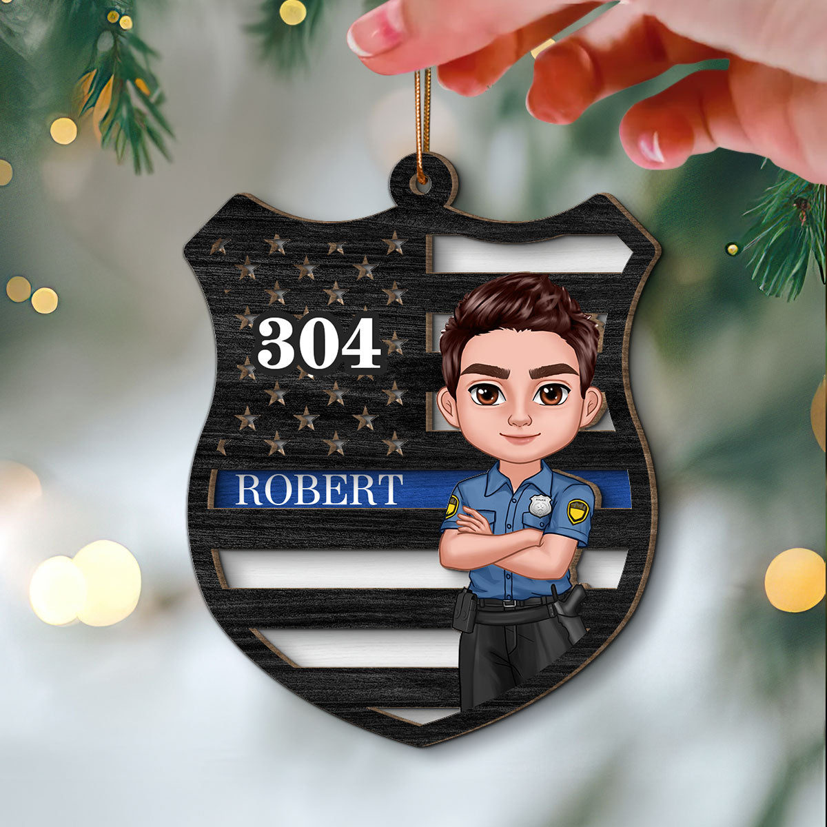 Police Thin Blue Line Badge Christmas Personalized 2-Layer Wooden Ornament, Office Decor, Appreciation Gift, Christmas Gift For Law Enforcement