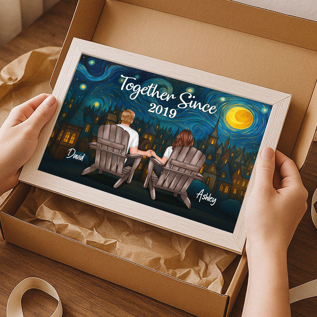 Couple Sitting Back View Night Sky Art Personalized Poster