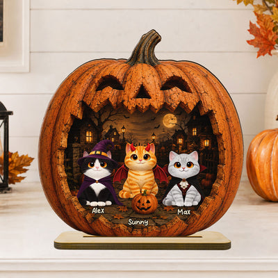 Spooky Halloween Pumpkin Cats - Personalized 2-Layered Wooden Plaque - Halloween Decor For Cat Lovers