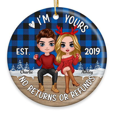 Checkered Pattern Couple Sitting On Snow Personalized Circle Ornament