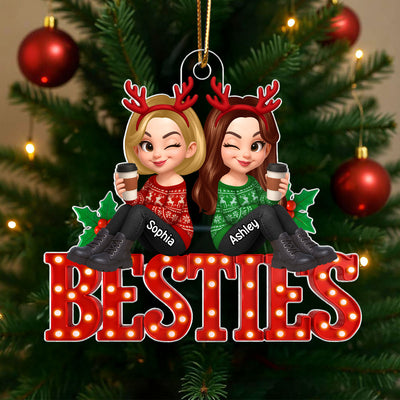 Christmas Besties Sisters Sitting On Marquee LED 3D Effect Personalized Acrylic Ornament